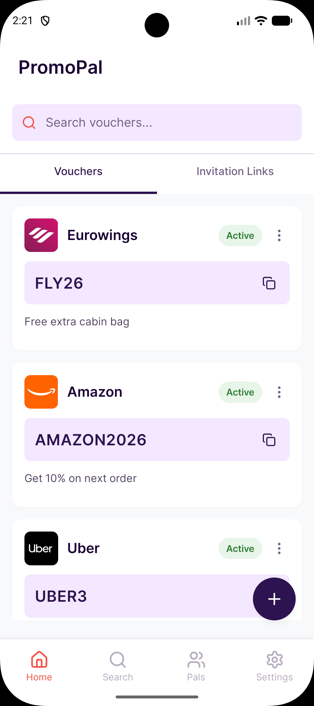 PromoPal vouchers screen